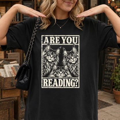ARE YOU READING Maine Coon Printed T-Shirt | Cat Lover Reader Gift Black