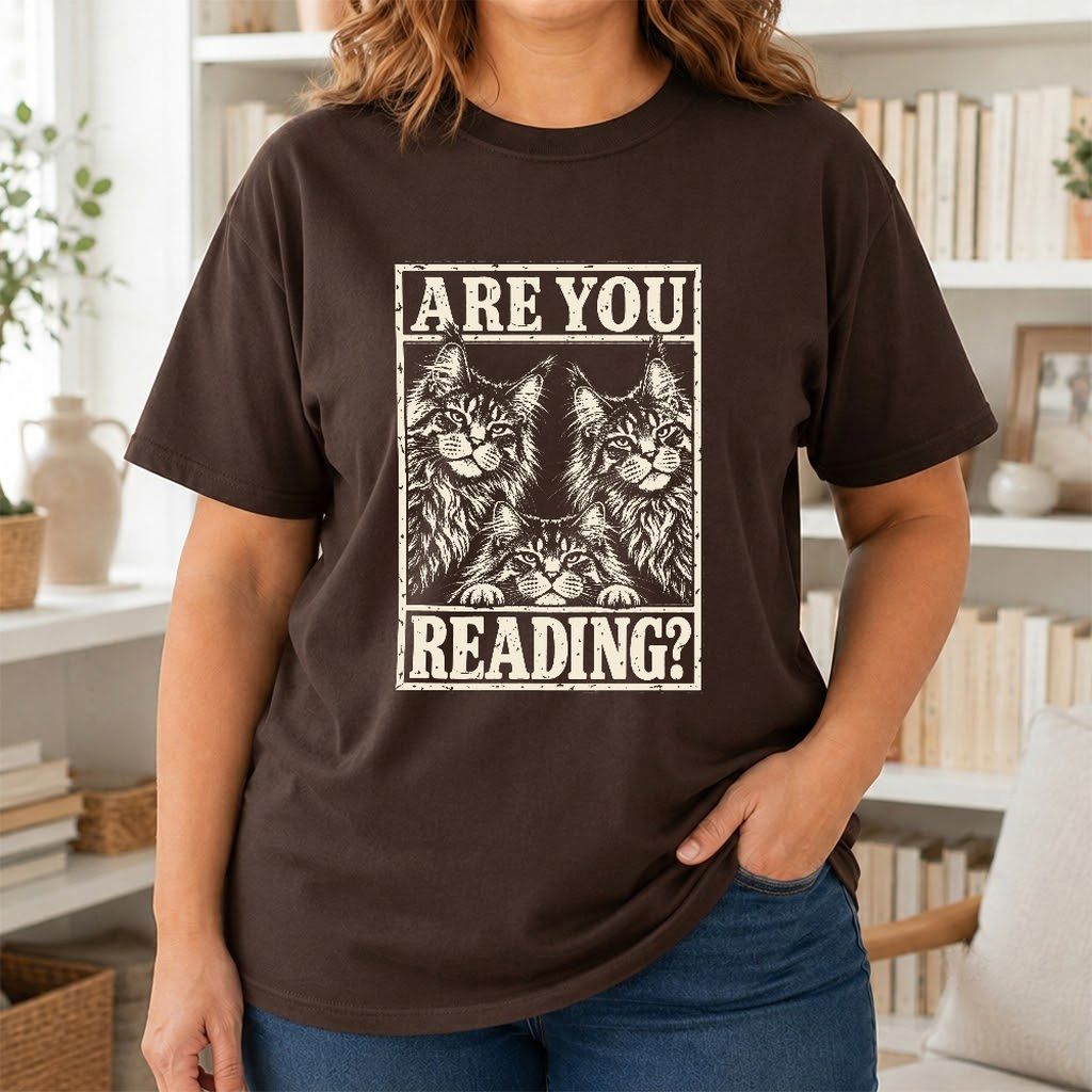 ARE YOU READING Maine Coon Printed T-Shirt | Cat Lover Reader Gift Dark Chocolate