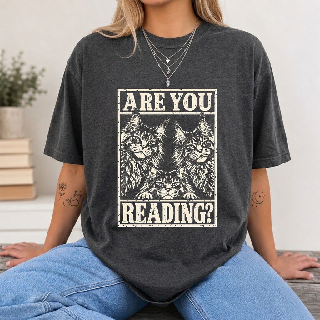 ARE YOU READING Maine Coon Printed T-Shirt | Cat Lover Reader Gift Dark Heather