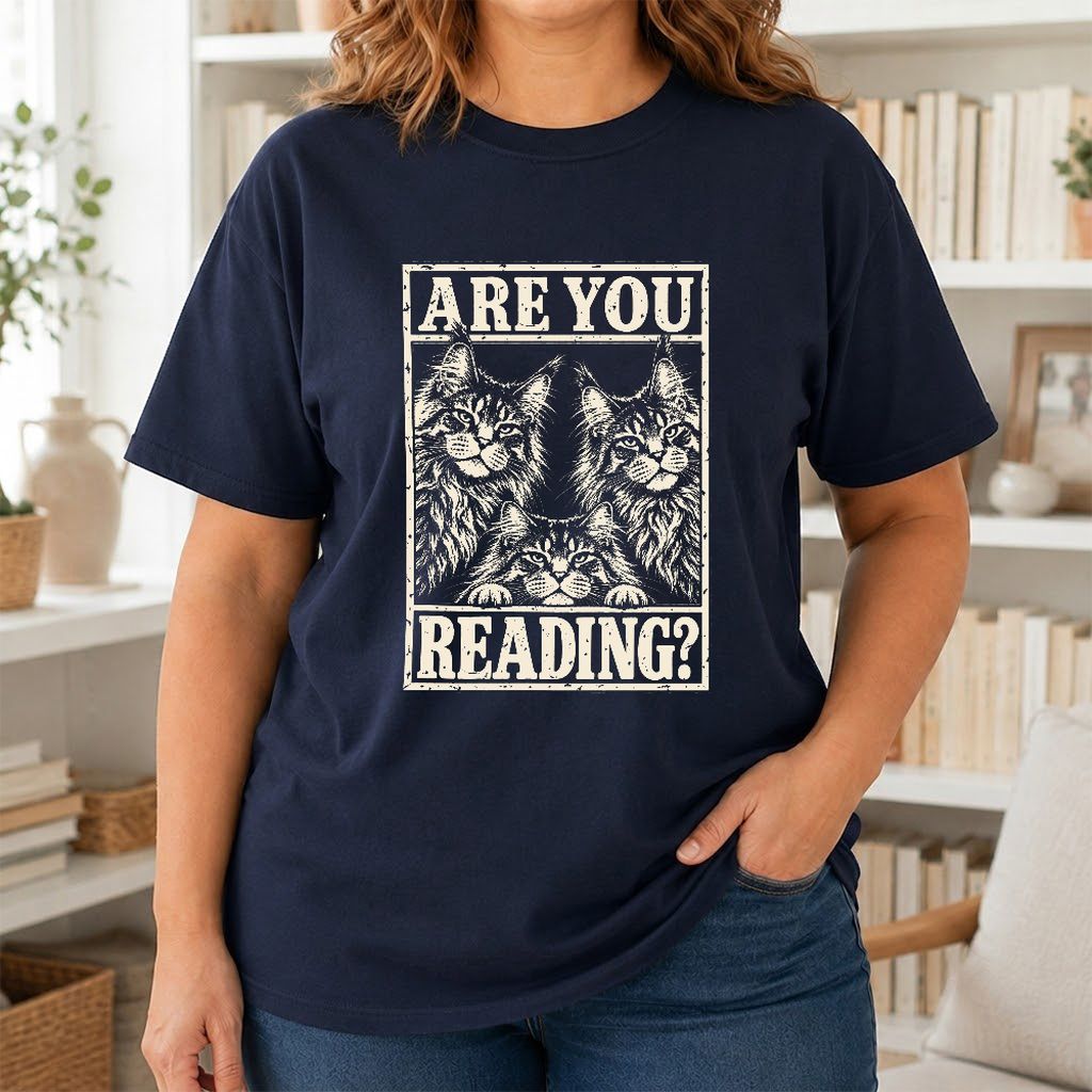 ARE YOU READING Maine Coon Printed T-Shirt | Cat Lover Reader Gift Navy