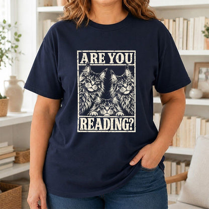 ARE YOU READING Maine Coon Printed T-Shirt | Cat Lover Reader Gift Navy