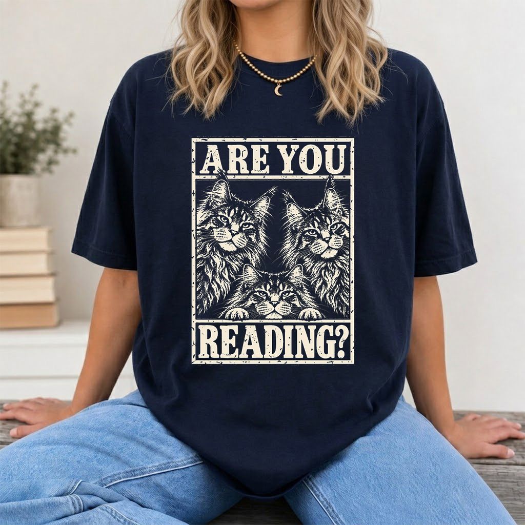 ARE YOU READING Maine Coon Printed T-Shirt | Cat Lover Reader Gift Navy