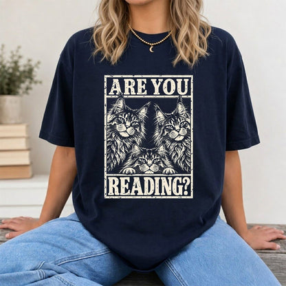 ARE YOU READING Maine Coon Printed T-Shirt | Cat Lover Reader Gift Navy
