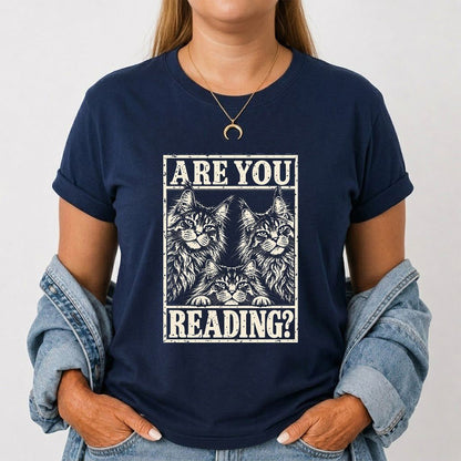 ARE YOU READING Maine Coon Printed T-Shirt | Cat Lover Reader Gift Navy