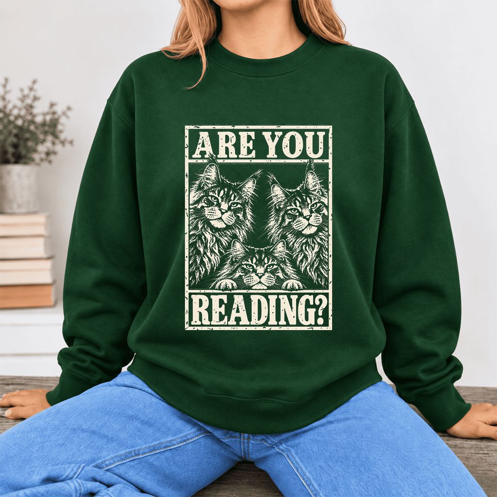 Are You Reading Maine Coon Softstyle Sweatshirt | Cat Lover Reader Gift Forest Green