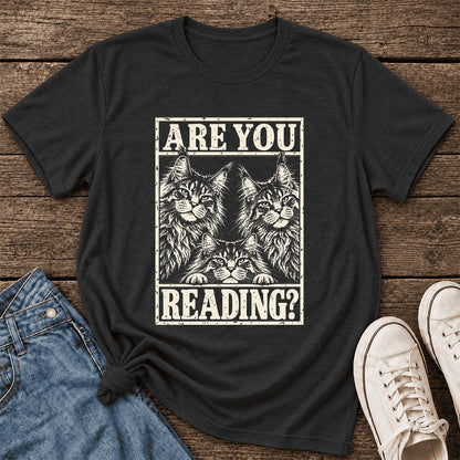 ARE YOU READING Maine Coon Ultra-Soft Cotton T-Shirt | Cat Lover Reader Gift Black Heather