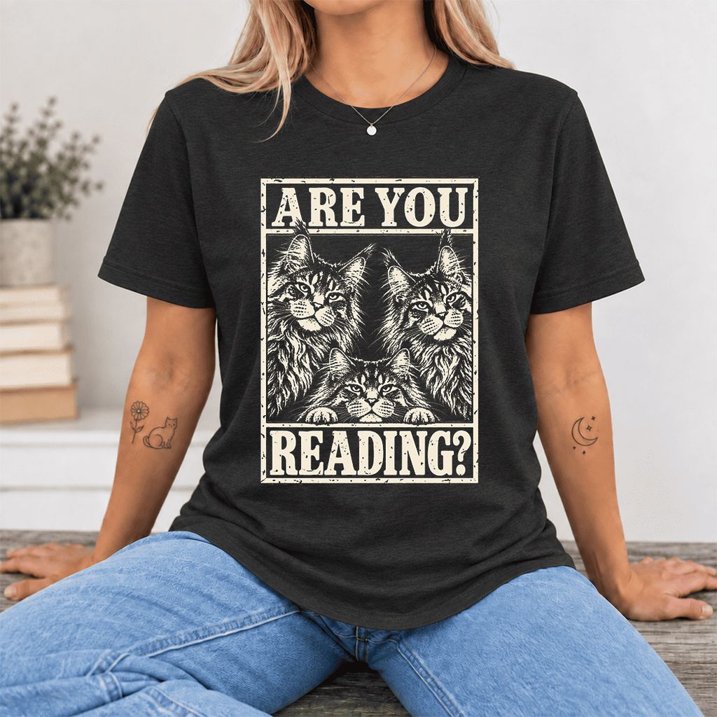 ARE YOU READING Maine Coon Ultra-Soft Cotton T-Shirt | Cat Lover Reader Gift Black Heather