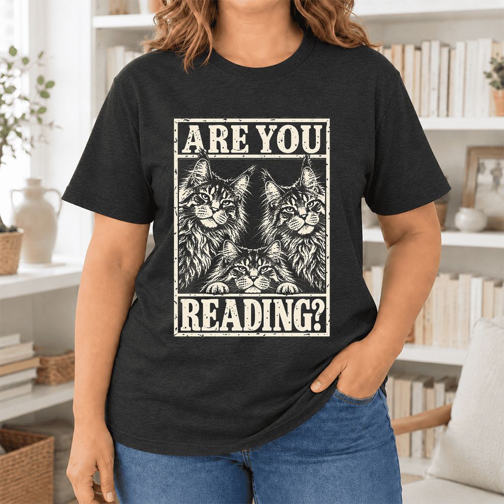 ARE YOU READING Maine Coon Ultra-Soft Cotton T-Shirt | Cat Lover Reader Gift Black Heather