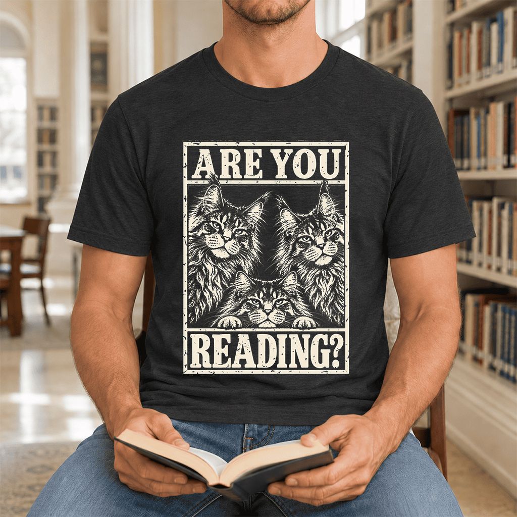 ARE YOU READING Maine Coon Ultra-Soft Cotton T-Shirt | Cat Lover Reader Gift Black Heather