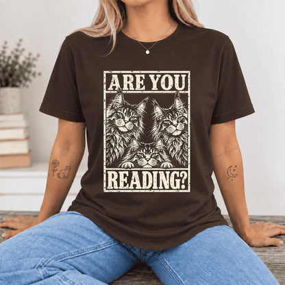 ARE YOU READING Maine Coon Ultra-Soft Cotton T-Shirt | Cat Lover Reader Gift Brown