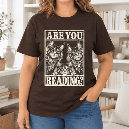 ARE YOU READING Maine Coon Ultra-Soft Cotton T-Shirt | Cat Lover Reader Gift Brown