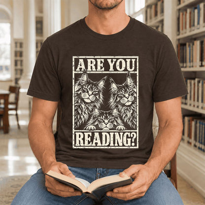 ARE YOU READING Maine Coon Ultra-Soft Cotton T-Shirt | Cat Lover Reader Gift Brown