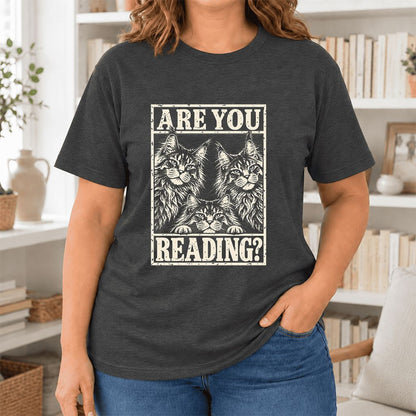 ARE YOU READING Maine Coon Ultra-Soft Cotton T-Shirt | Cat Lover Reader Gift Dark Grey Heather