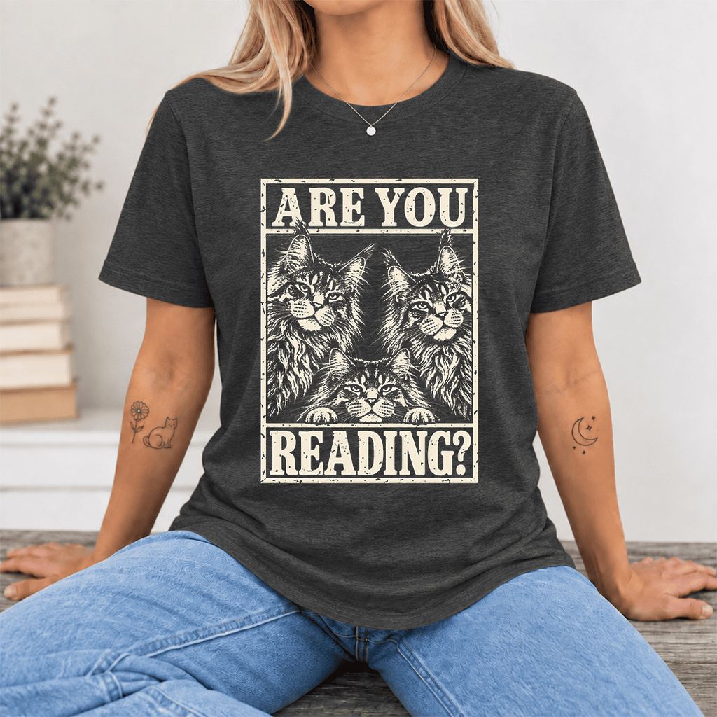 ARE YOU READING Maine Coon Ultra-Soft Cotton T-Shirt | Cat Lover Reader Gift Dark Grey Heather