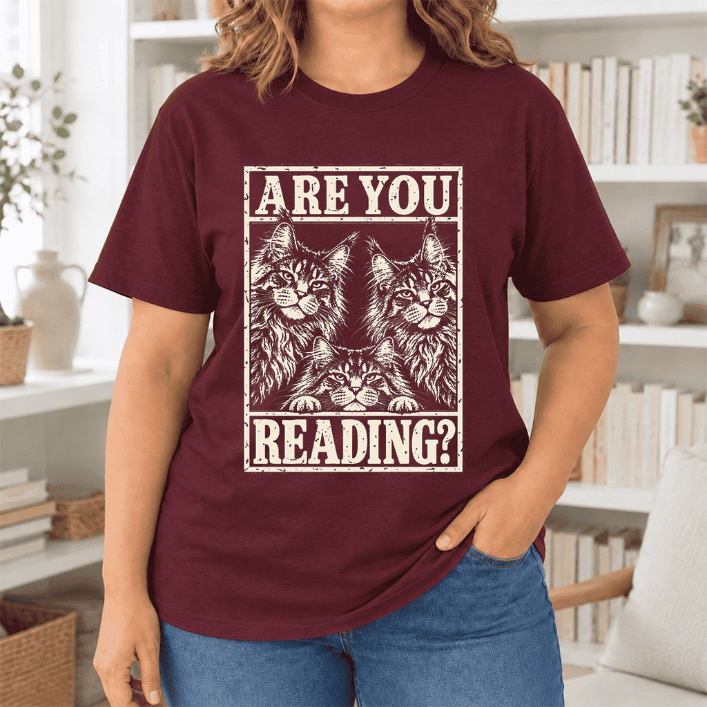 ARE YOU READING Maine Coon Ultra-Soft Cotton T-Shirt | Cat Lover Reader Gift Maroon