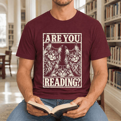 ARE YOU READING Maine Coon Ultra-Soft Cotton T-Shirt | Cat Lover Reader Gift Maroon
