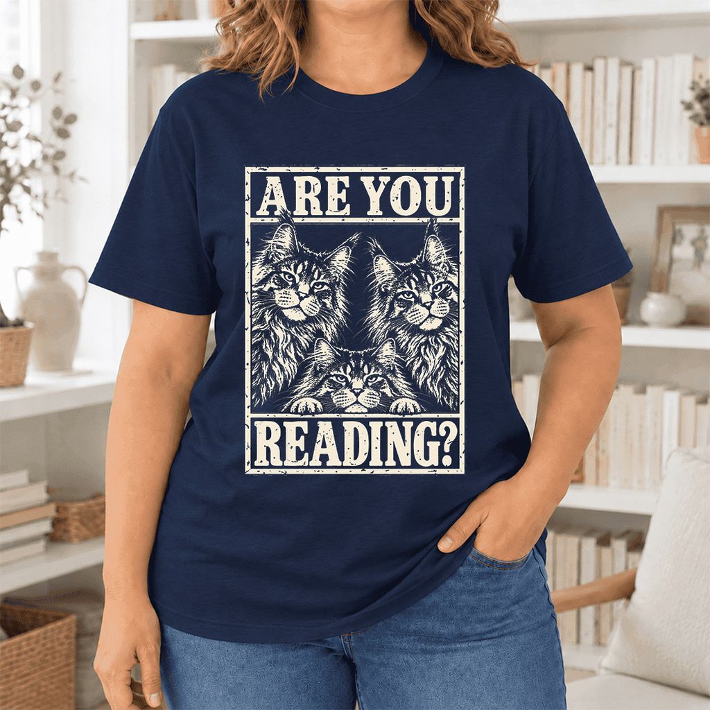ARE YOU READING Maine Coon Ultra-Soft Cotton T-Shirt | Cat Lover Reader Gift Navy