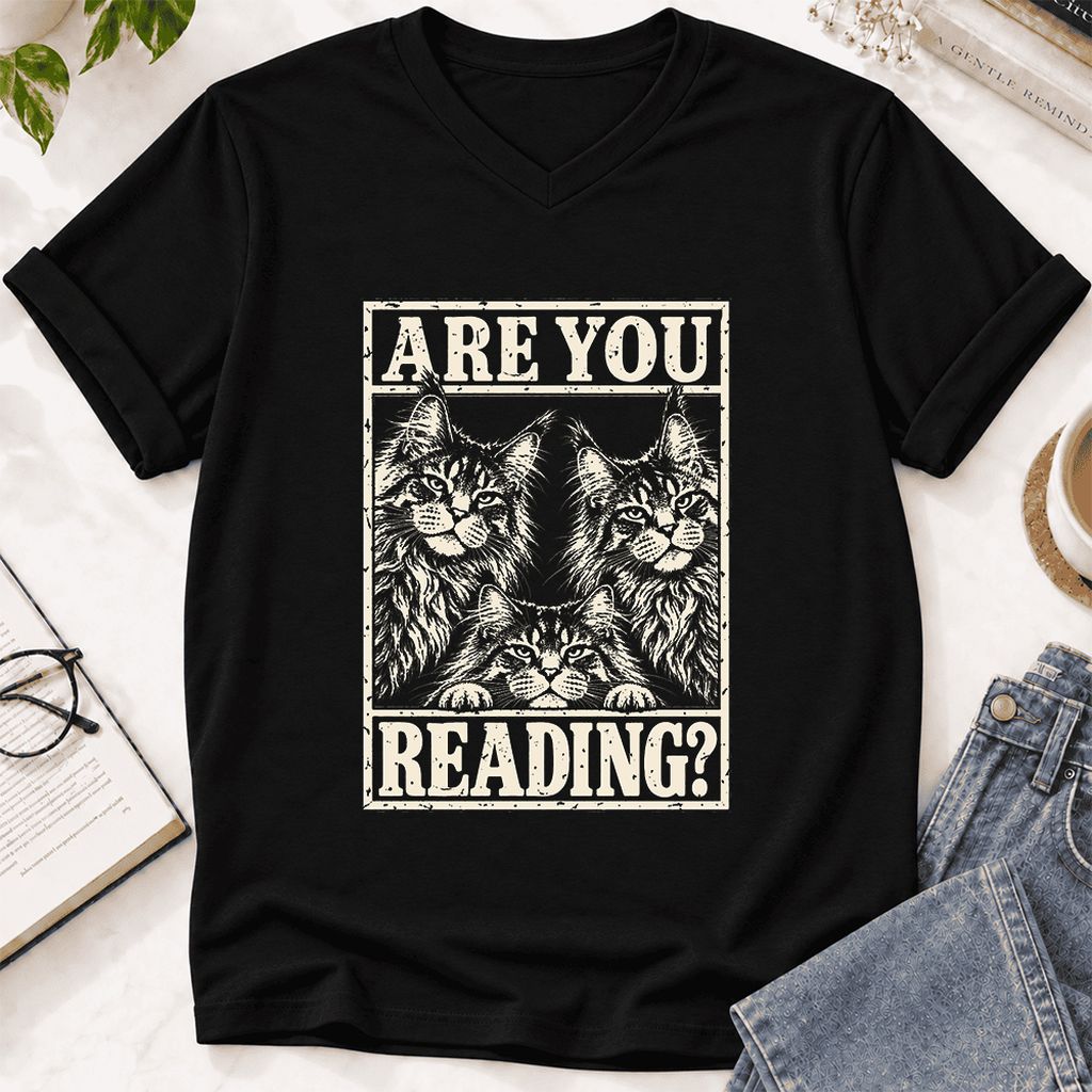 ARE YOU READING Maine Coon Ultra-Soft V-Neck | Cat Lover Reader Gift Black