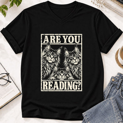ARE YOU READING Maine Coon Ultra-Soft V-Neck | Cat Lover Reader Gift Black