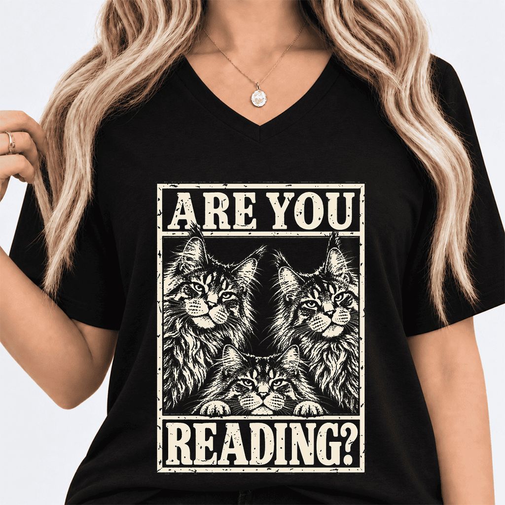 ARE YOU READING Maine Coon Ultra-Soft V-Neck | Cat Lover Reader Gift Black