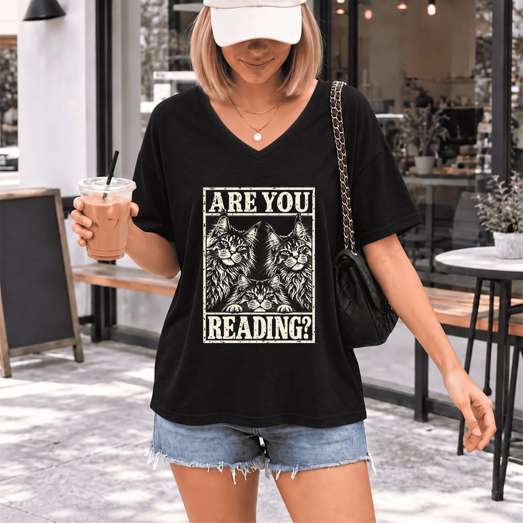 ARE YOU READING Maine Coon Ultra-Soft V-Neck | Cat Lover Reader Gift Black