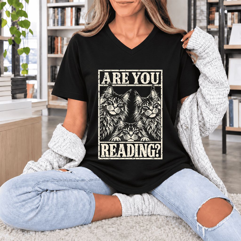 ARE YOU READING Maine Coon Ultra-Soft V-Neck | Cat Lover Reader Gift Black