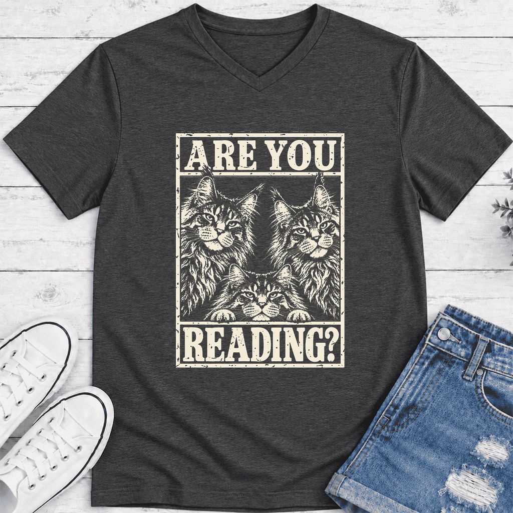 ARE YOU READING Maine Coon Ultra-Soft V-Neck | Cat Lover Reader Gift Dark Grey Heather