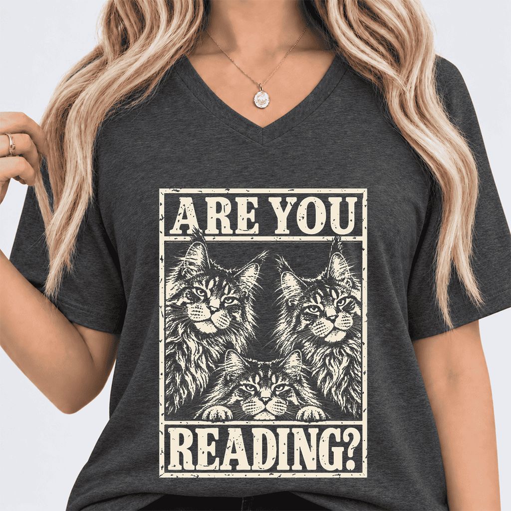 ARE YOU READING Maine Coon Ultra-Soft V-Neck | Cat Lover Reader Gift Dark Grey Heather