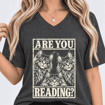 ARE YOU READING Maine Coon Ultra-Soft V-Neck | Cat Lover Reader Gift Dark Grey Heather