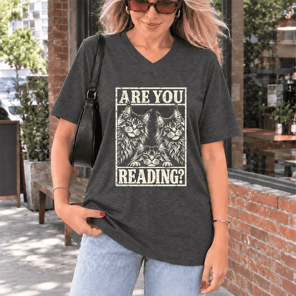 ARE YOU READING Maine Coon Ultra-Soft V-Neck | Cat Lover Reader Gift Dark Grey Heather