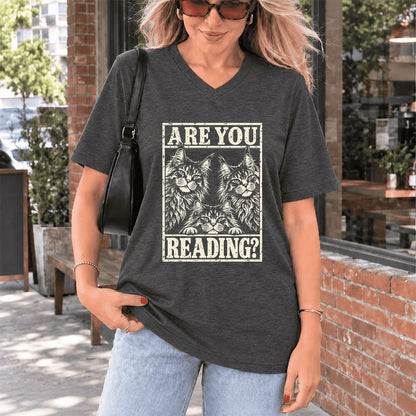 ARE YOU READING Maine Coon Ultra-Soft V-Neck | Cat Lover Reader Gift Dark Grey Heather