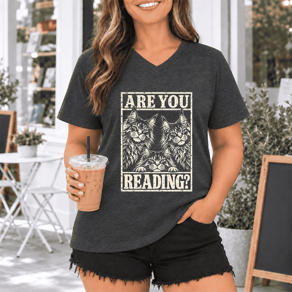 ARE YOU READING Maine Coon Ultra-Soft V-Neck | Cat Lover Reader Gift Dark Grey Heather