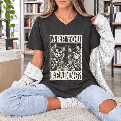 ARE YOU READING Maine Coon Ultra-Soft V-Neck | Cat Lover Reader Gift Dark Grey Heather