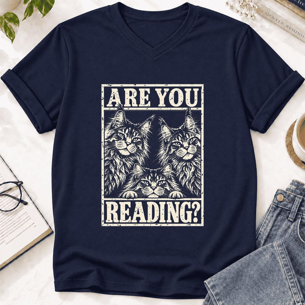 ARE YOU READING Maine Coon Ultra-Soft V-Neck | Cat Lover Reader Gift Navy
