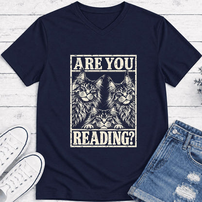 ARE YOU READING Maine Coon Ultra-Soft V-Neck | Cat Lover Reader Gift Navy