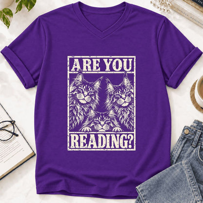 ARE YOU READING Maine Coon Ultra-Soft V-Neck | Cat Lover Reader Gift Team Purple
