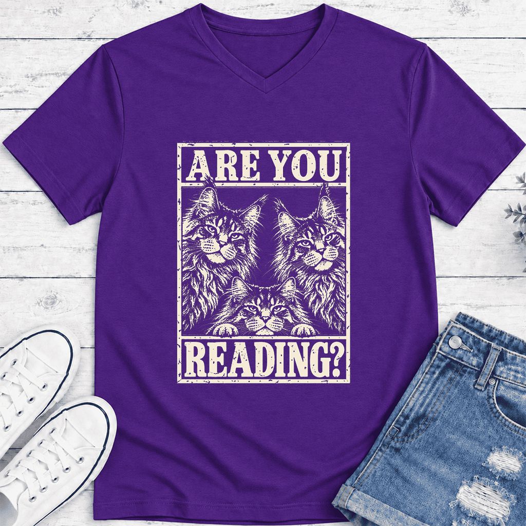 ARE YOU READING Maine Coon Ultra-Soft V-Neck | Cat Lover Reader Gift Team Purple