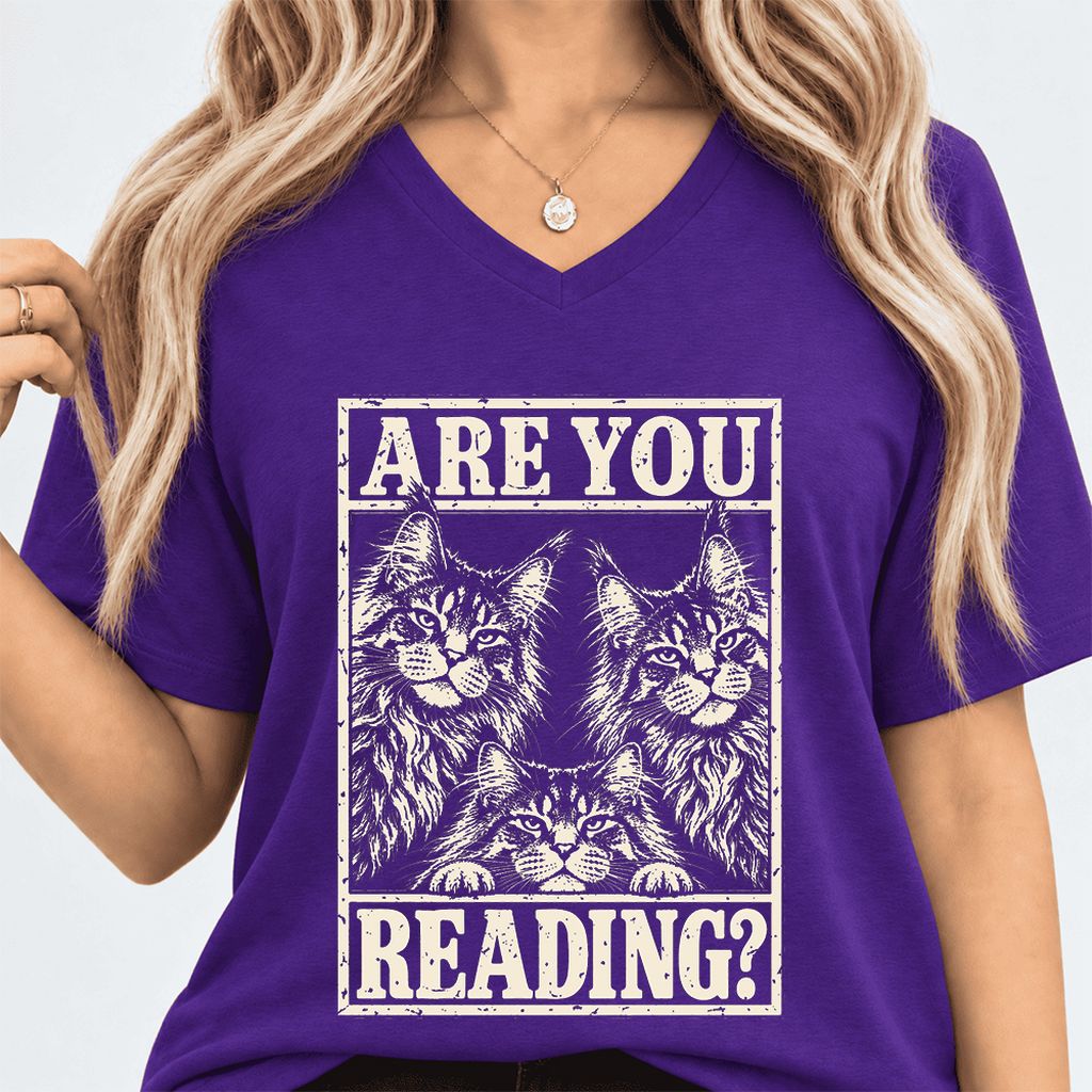 ARE YOU READING Maine Coon Ultra-Soft V-Neck | Cat Lover Reader Gift Team Purple