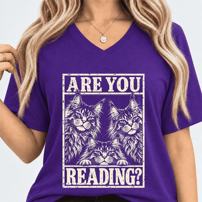 ARE YOU READING Maine Coon Ultra-Soft V-Neck | Cat Lover Reader Gift Team Purple