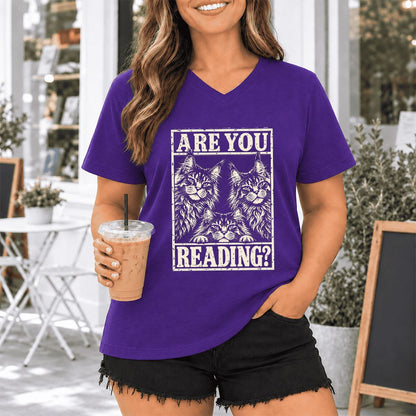 ARE YOU READING Maine Coon Ultra-Soft V-Neck | Cat Lover Reader Gift Team Purple