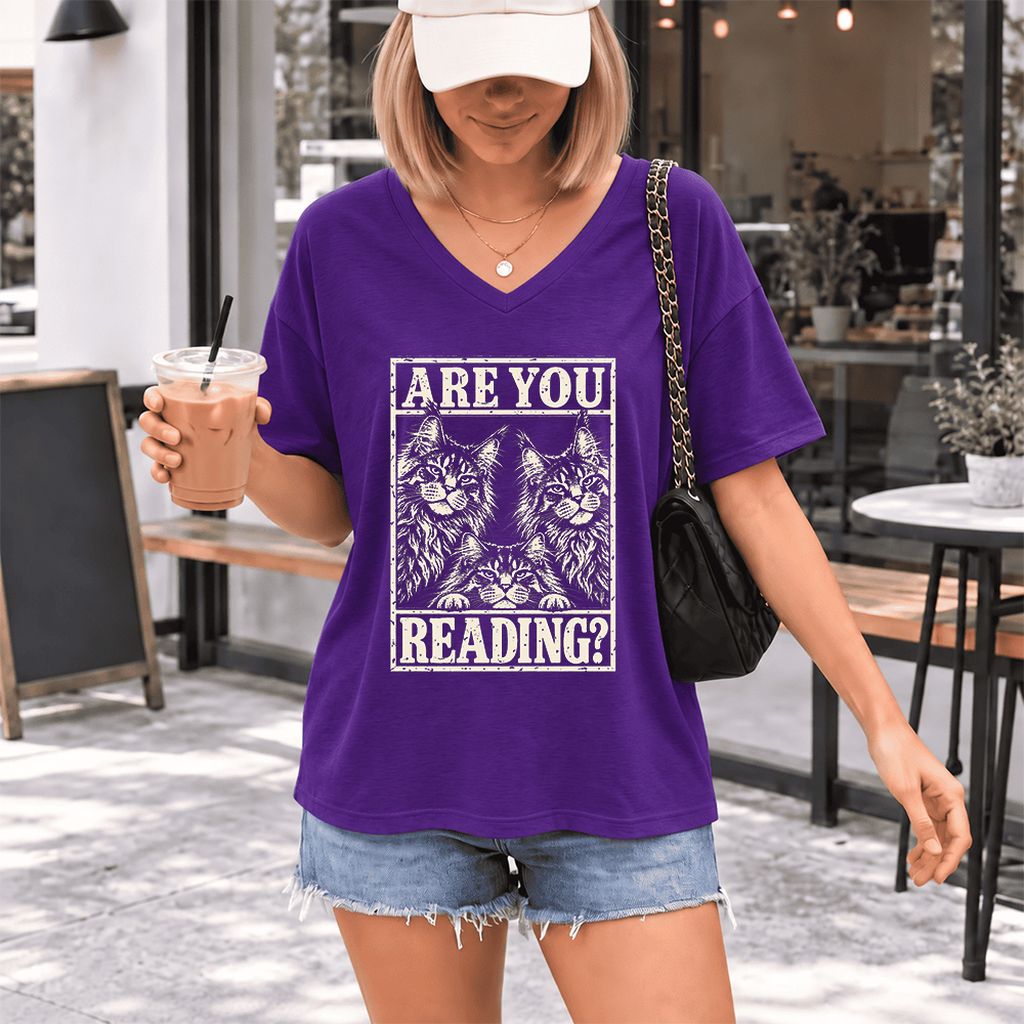 ARE YOU READING Maine Coon Ultra-Soft V-Neck | Cat Lover Reader Gift Team Purple