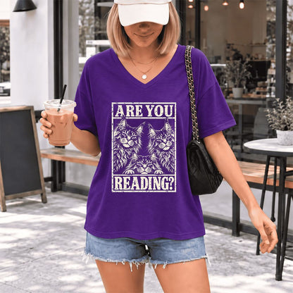 ARE YOU READING Maine Coon Ultra-Soft V-Neck | Cat Lover Reader Gift Team Purple