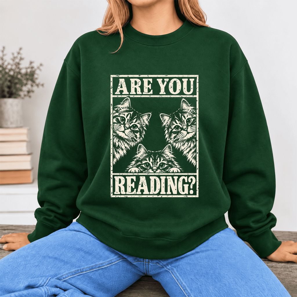 Are You Reading Siberian Softstyle Sweatshirt | Cat Lover Reader Gift Forest Green