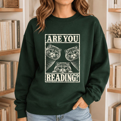 ARE YOU READING Exotic Shorthair Printed Sweatshirt | Cat Lover Reader Gift Forest Green
