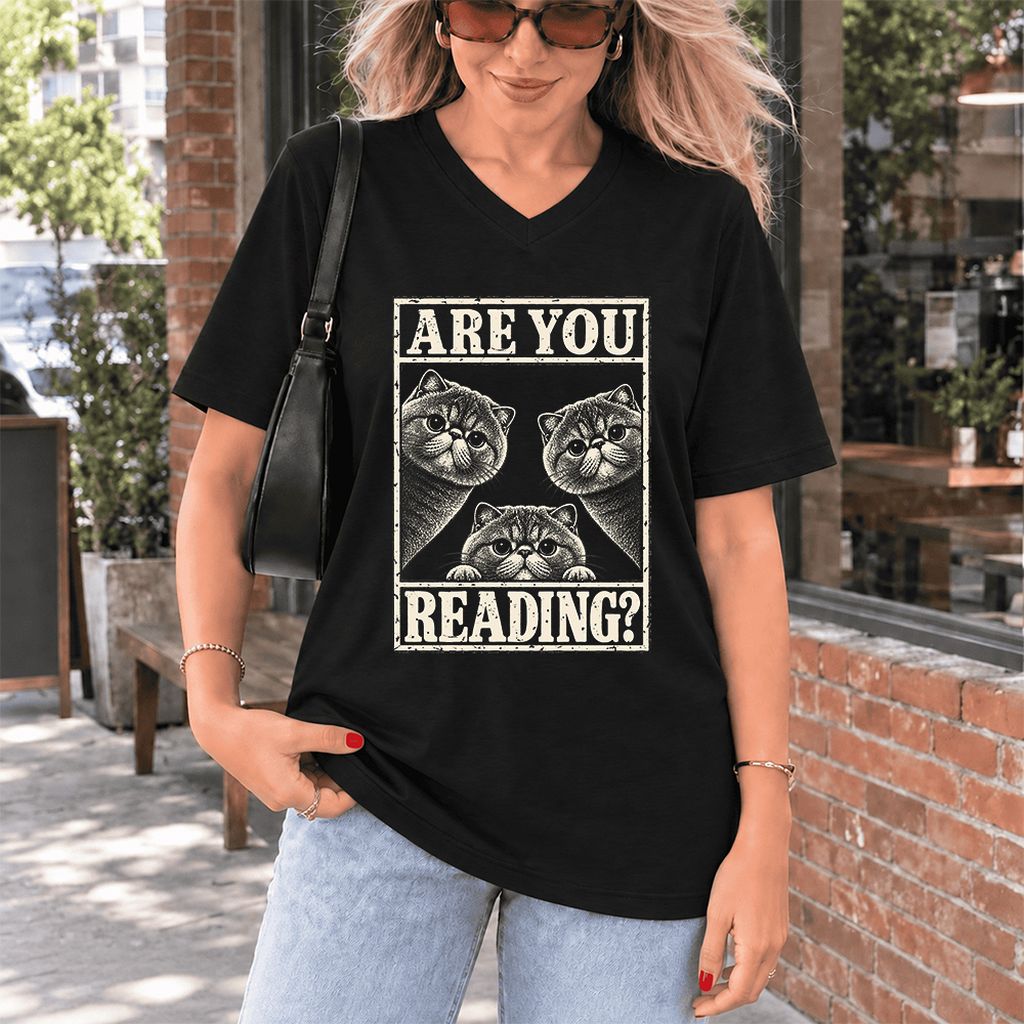 ARE YOU READING Exotic Shorthair Ultra-Soft V-Neck | Cat Lover Reader Gift Black