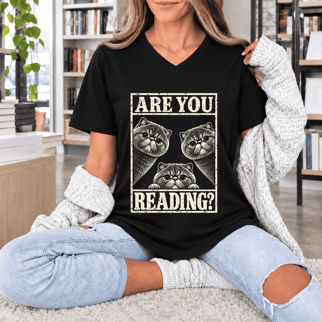 ARE YOU READING Exotic Shorthair Ultra-Soft V-Neck | Cat Lover Reader Gift Black