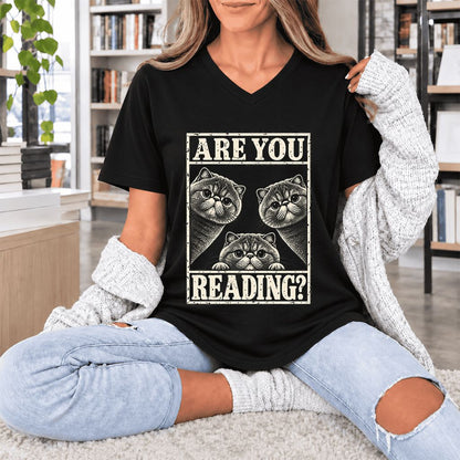 ARE YOU READING Exotic Shorthair Ultra-Soft V-Neck | Cat Lover Reader Gift Black