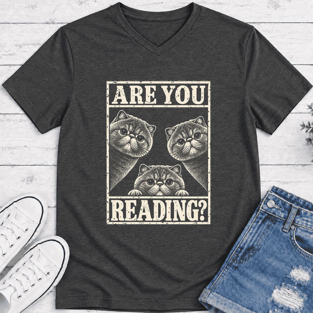 ARE YOU READING Exotic Shorthair Ultra-Soft V-Neck | Cat Lover Reader Gift Dark Grey Heather