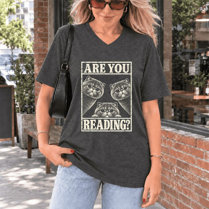 ARE YOU READING Exotic Shorthair Ultra-Soft V-Neck | Cat Lover Reader Gift Dark Grey Heather