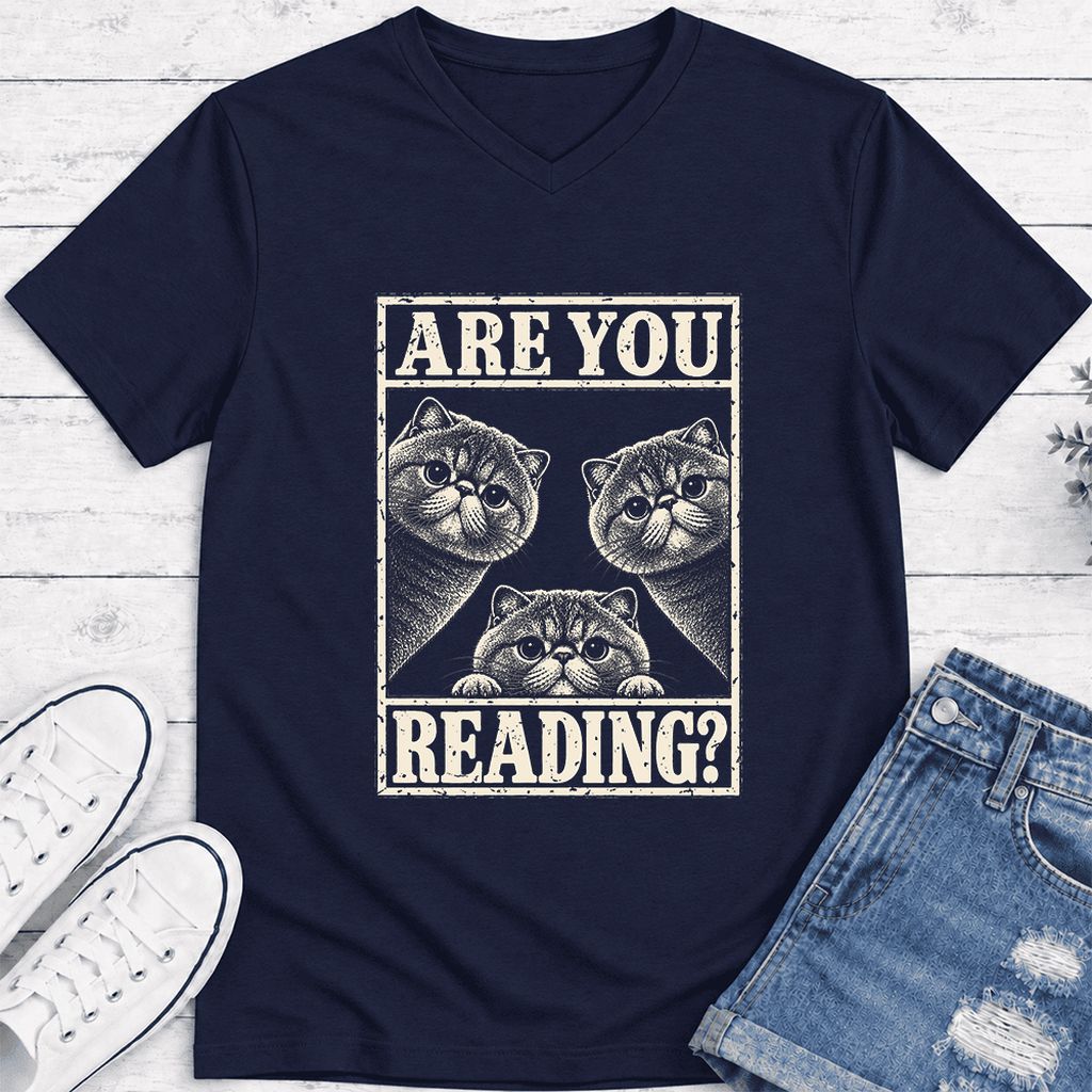 ARE YOU READING Exotic Shorthair Ultra-Soft V-Neck | Cat Lover Reader Gift Navy